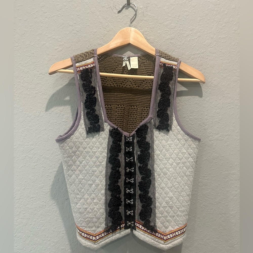 Gray Quilted Vest with Black Lace Accents